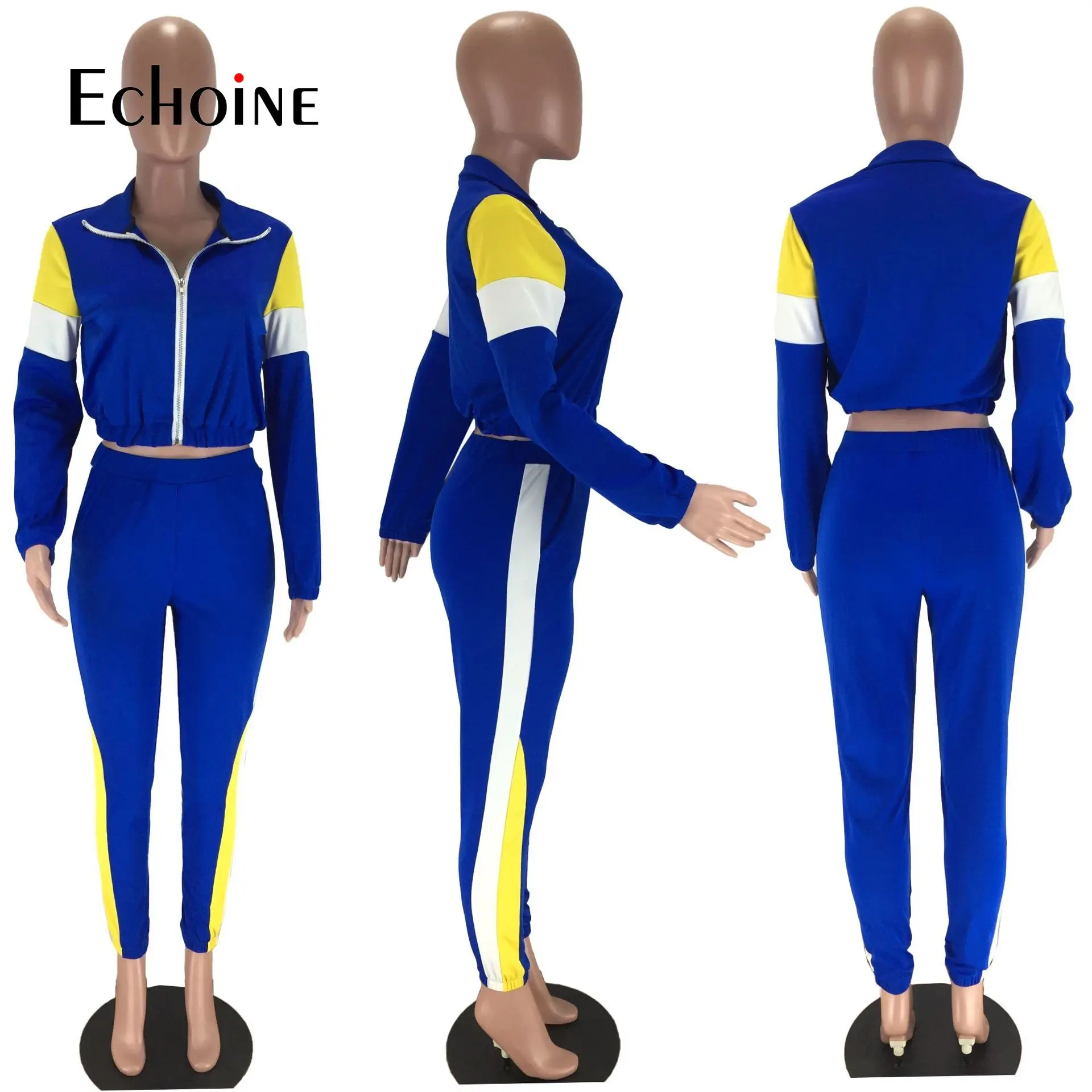

Echoine Autumn Women Sport Patchwork Tracksuits Casual Two Piece Set Zipper Short Coats High Waist Pants Jogger Suit Outfits