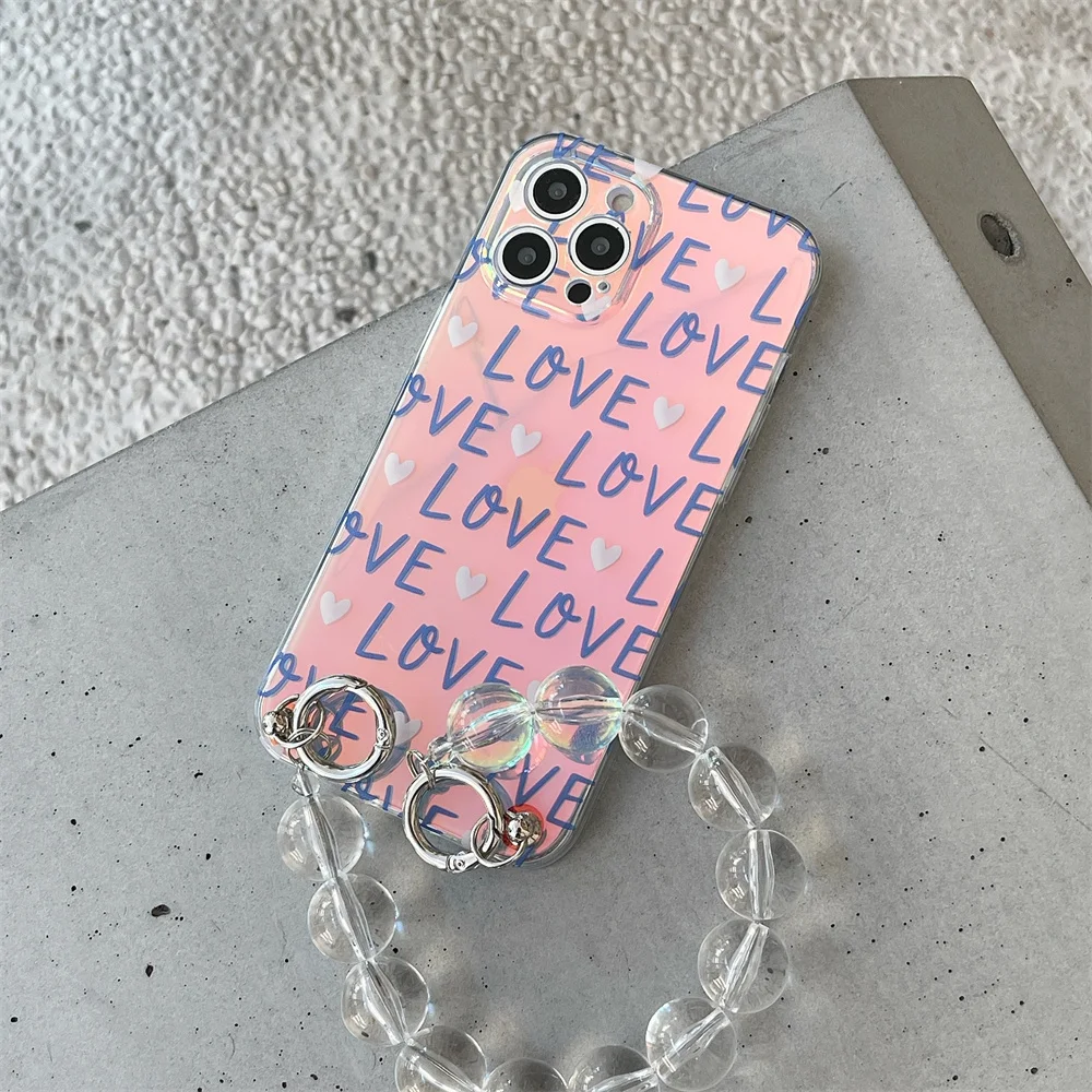 

Love Word Laser Phone Case For iPhone 12 Mini 11 Pro Max XS XR Xs Max 6 7 8 Plus Hard Plastic Coque Clear Cover With Bracelet