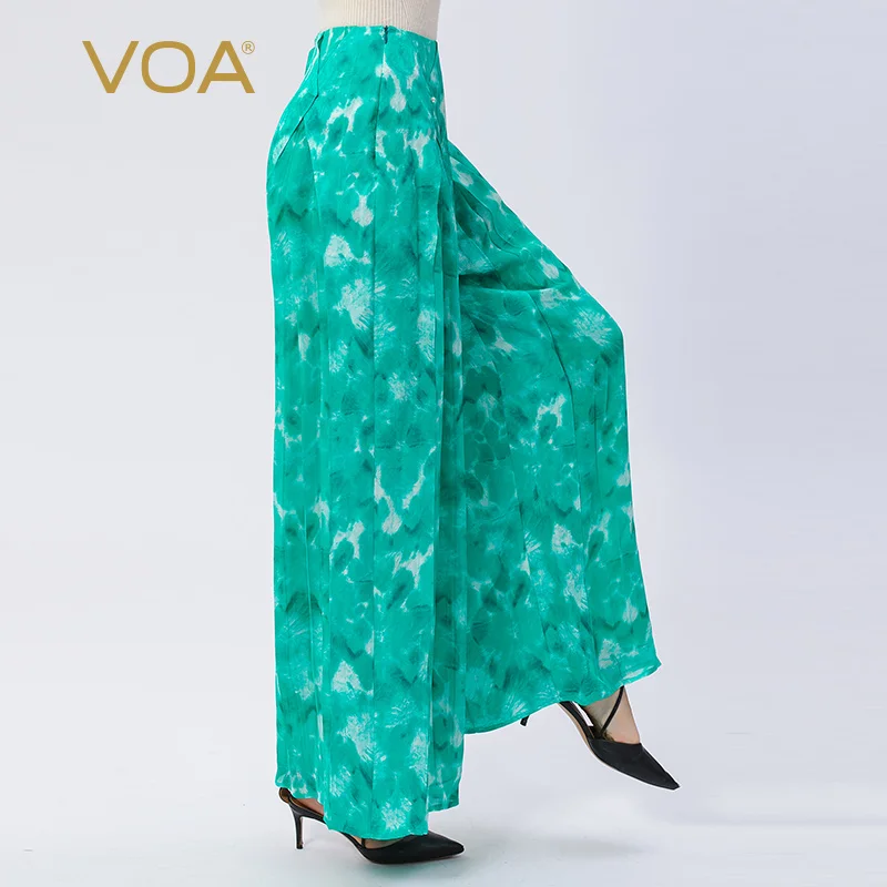 

VOA Bohemian Green Paisley Dobby Embroidered Flares Silk Trousers Spring Elegant Georgette Loose Leaf Woman Wide Leg Pants KE601