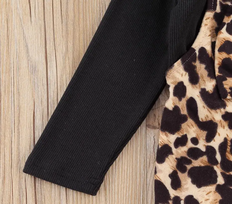 

Toddler Girls Clothes Set Long Sleeve O-neck Tops Leopard Print Suspender Trousers Bow-knot Headband Fashion Girls Clothing