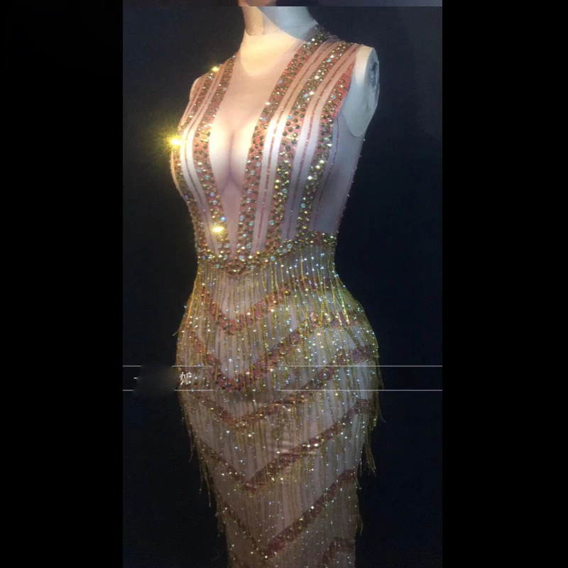 Женское вечернее платье без рукавов с кисточками сексуальное клубное золотыми