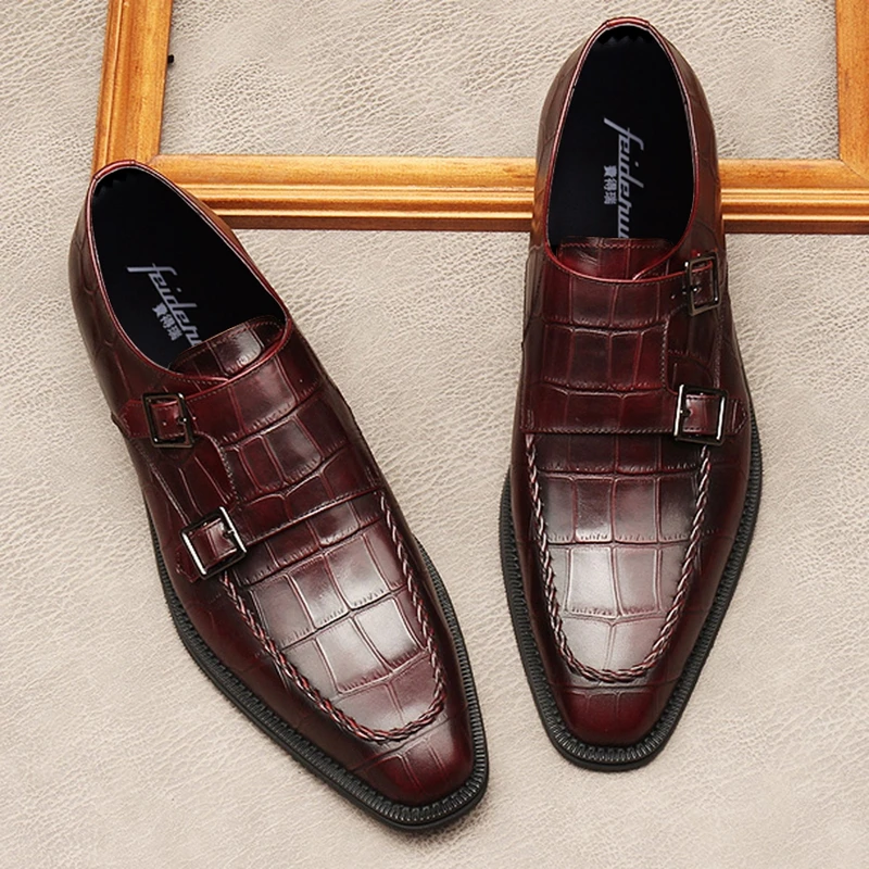 

New Luxury Square Toe Double Straps Man Office Shoes Genuine Leather Formal Dress Oxfords Handmade Men's Monk Flats MDE176