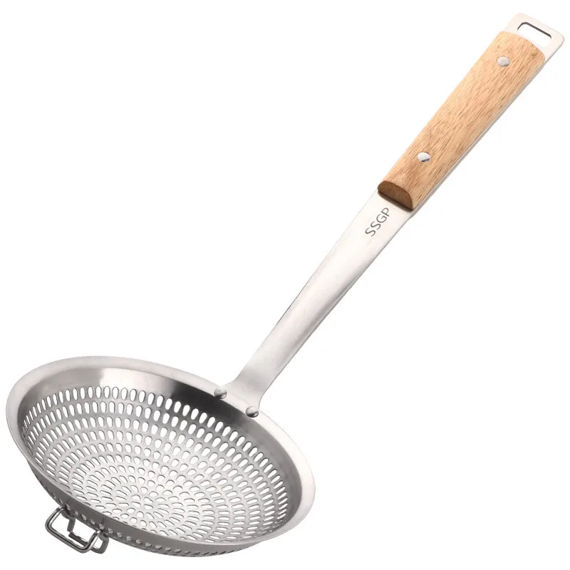 

Stainless Steel Colander Deepened Filter Spoon with Wooden Handle Kitchen Grease Trap Household Frying Basket Thickened Spoon