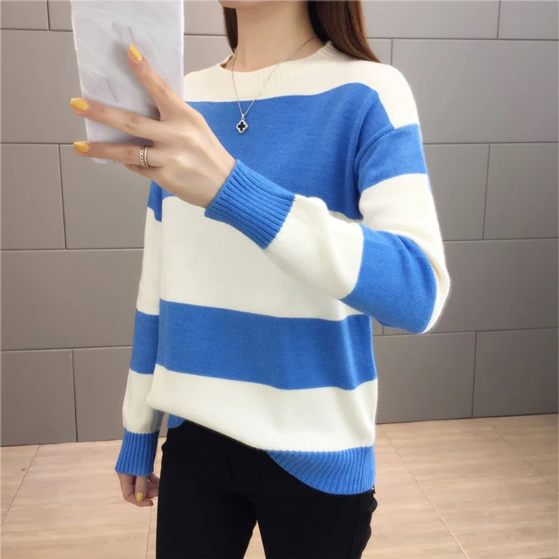 Женский вязаный свитер Lucyever разноцветный в полоску с круглым вырезом и длинными