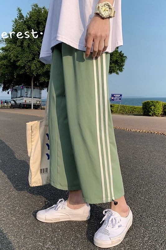

Pants Men's Summer Trendy Drawstring Jogger Pants Hong Kong Style Ice Silk Stripes Loose Casual Cropped Pants