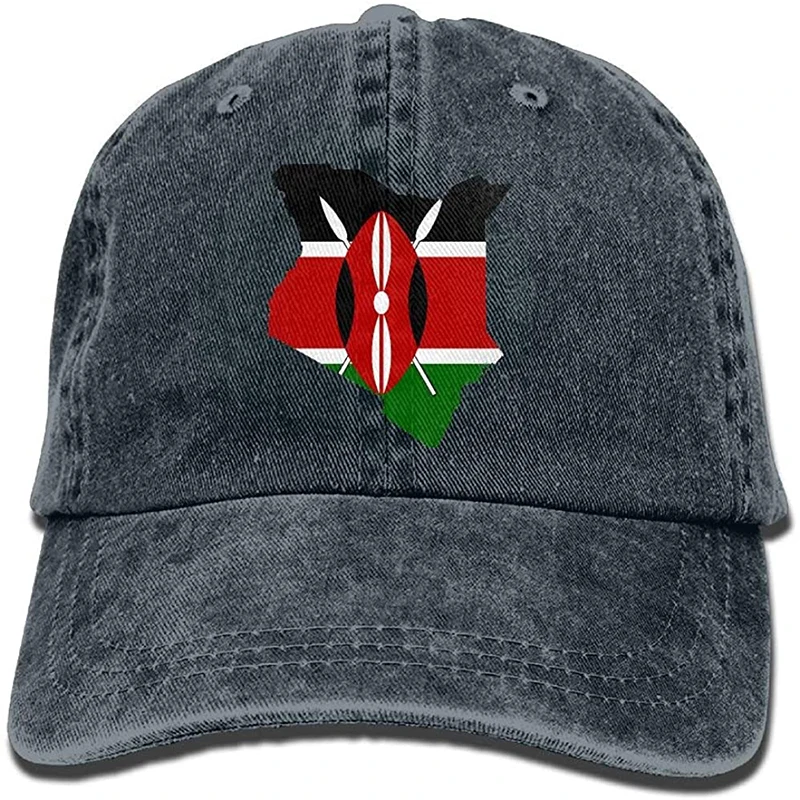 

Unisex Kenyan Flag Map Dyed Washed Denim Cotton Baseball Cap Hat Black