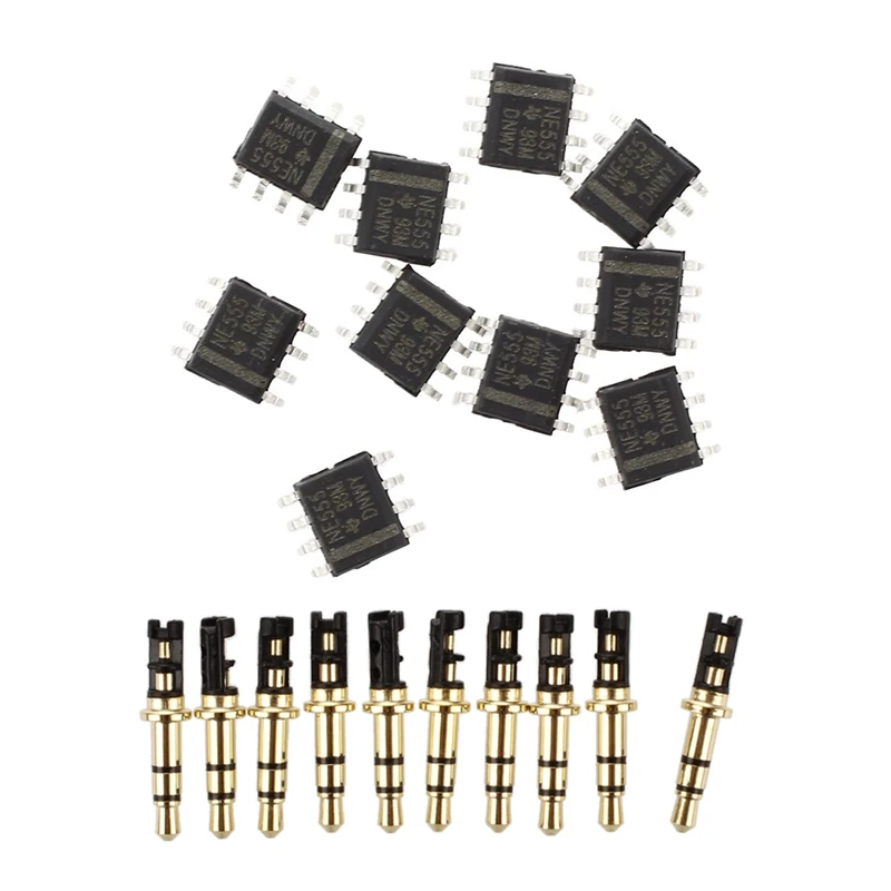 

10 Pcs 3.5mm 3 Pole Male Soldering Repair Headphone Audio Jack Plug Gold Tone with 10Pcs 8-Pin IC SMD Timer NE555