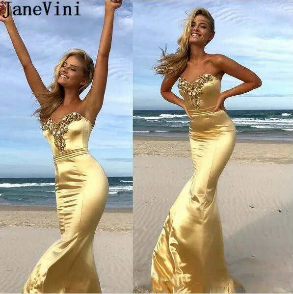 

JaneVini Gold Crystal Long Mermaid Party Evening Dresses with Beading 2020 Sweetheart Robe Satin Prom Special Occasion Gowns
