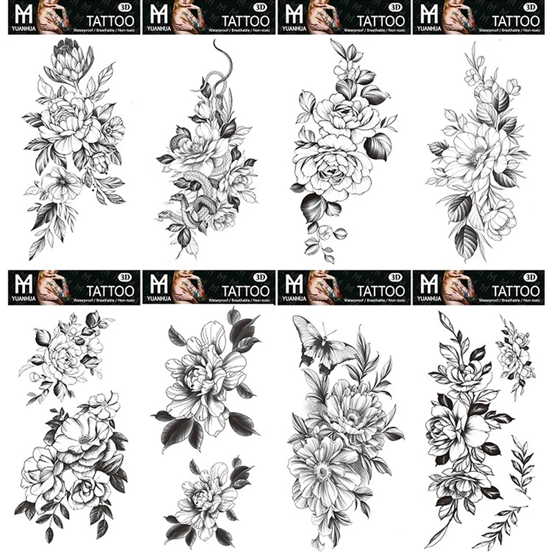 

Временные тату-наклейки, 1 шт., черные цветки, красочные панды, перо, татуировки для боди-арта, наклейки, искусственная татуировка, стикеры дл...
