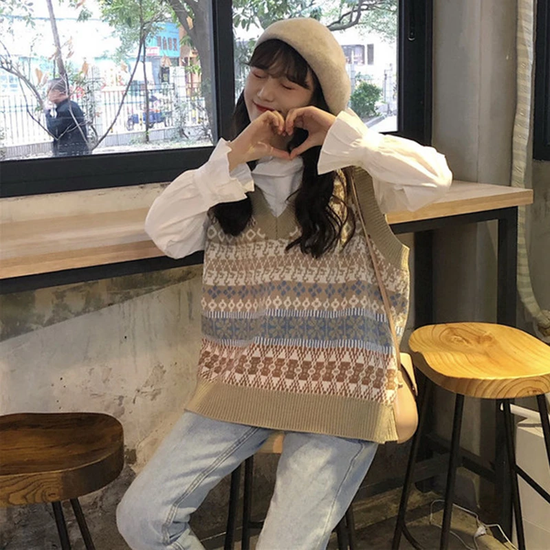 

PEONFLY Vintage Knitted Sweater Vest Women Sleeveless Jacket Female Korean Casual School Vest 2020 Autumn Winter