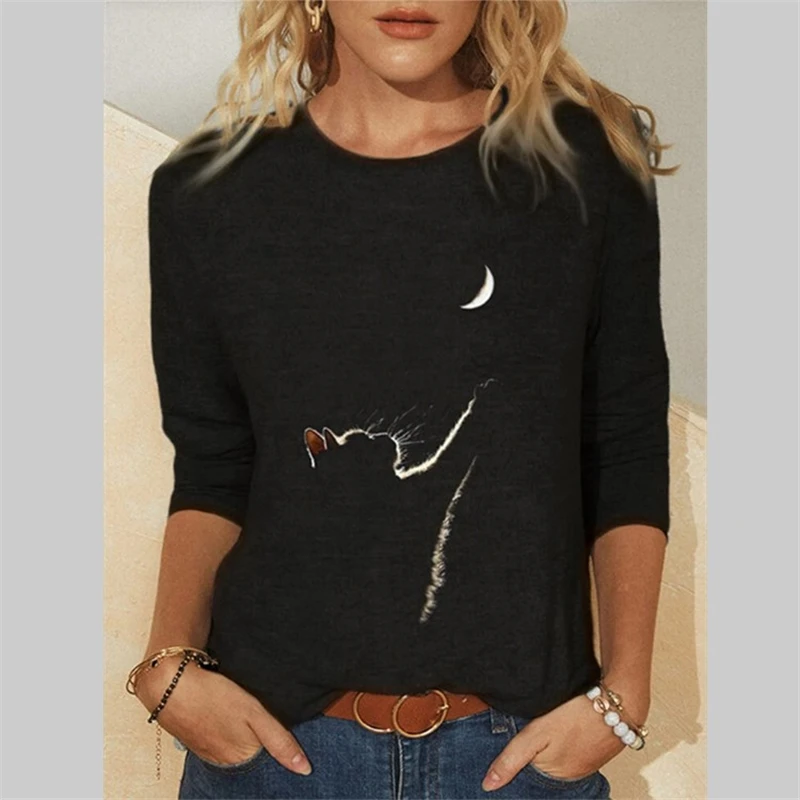 Women Clothes Spring Summer Casual  Women's Clothing Funny Cute Cat 3D Print Long Sleeve T-Shirts Female Ladies Fashion Tops