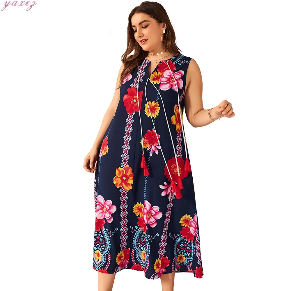 

Floral Print Sleeveless Plus Size Women Dress Summer Sweet V Neck Tassel Loose Cotton Dress Pocket Casual Holiday Long Dress