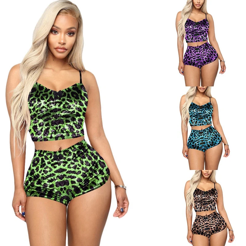 

Women Casual Leopard Print Velvet Two Piece Set Spaghetti Straps Crop Top Shorts Female Tracksuit Clubwear