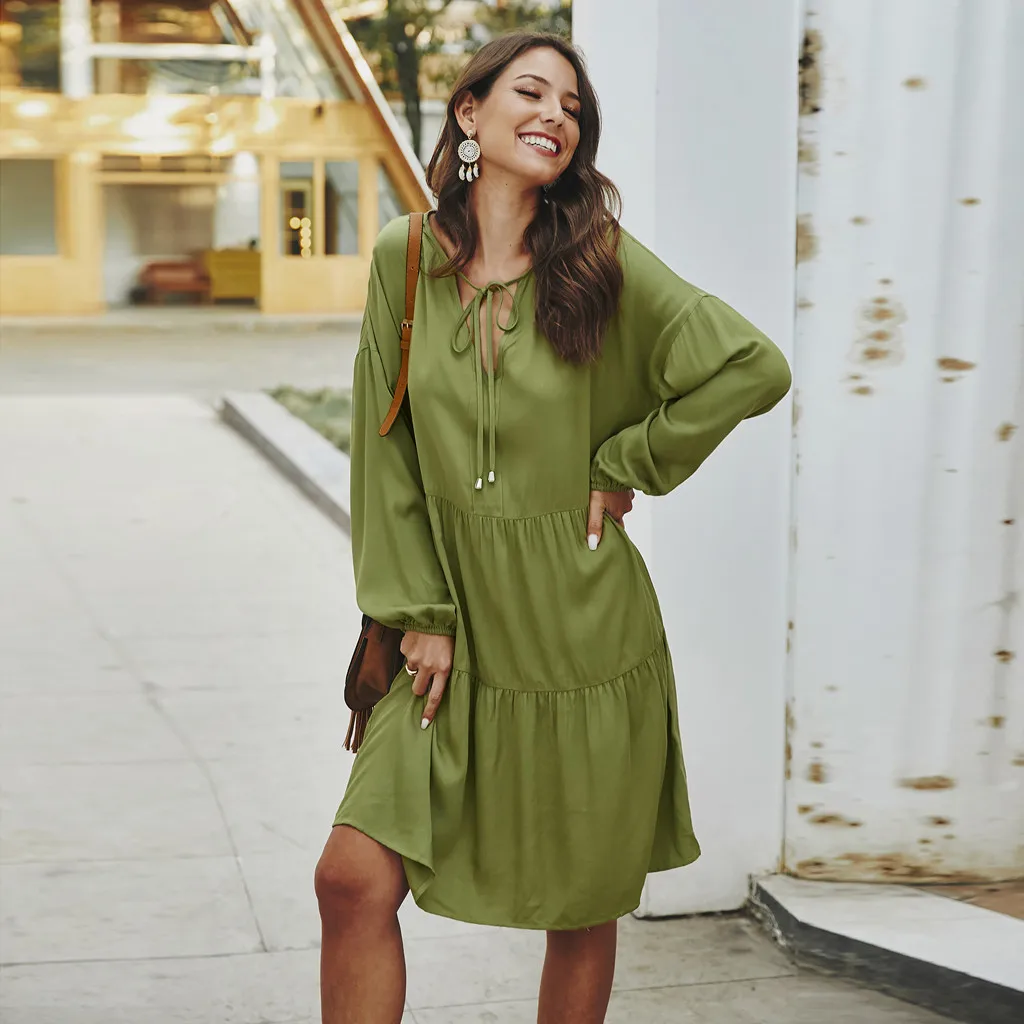 Повседневное летнее женское платье 2019 модное однотонное с длинным рукавом и
