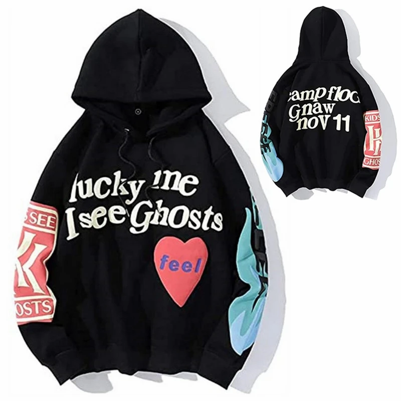 

LUCKY ME I SEE GHOSTS Letter Print Sweatshirt Men Kanye West Graffiti Fleece Winter Hooded Hoodies Hip Hop Long Sleeve Coats