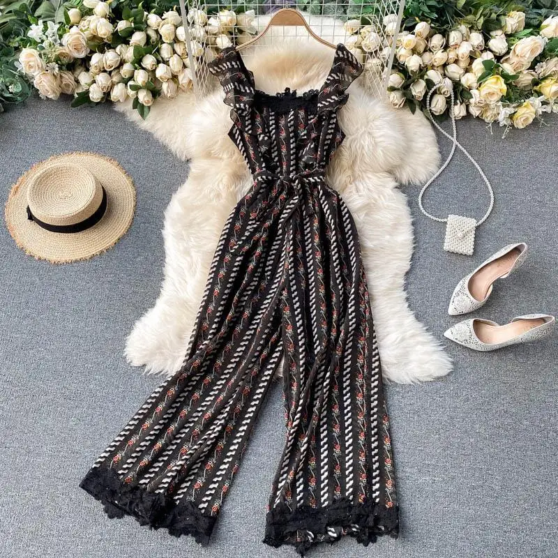 

Women's design sense of 2021 European and American style fake Jumpsuit with ruffle slim long print wide leg pants