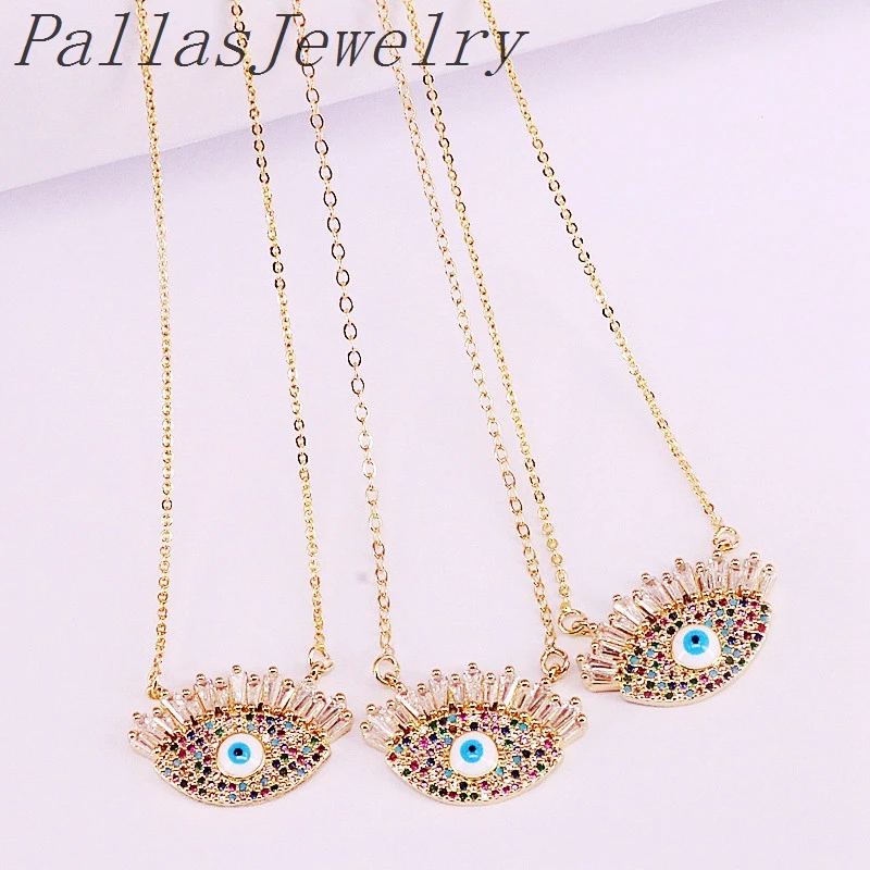 

10Pcs Charm Fashion Multi Colorful CZ Zirconia Micro Paved Gold Color Eyes Pendant Necklaces For Women Jewelry