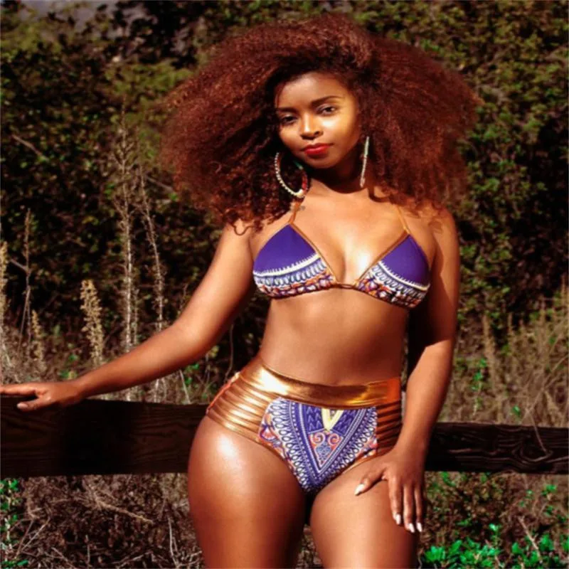 

New African Print Two-Pieces Bath Suits Bikini Set Sexy Geometric Swimwear Swimsuit Gold High Waist Swimming Suit
