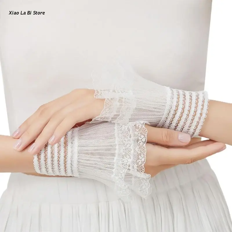 

XXFD Elastic False Arm Sleeves Pleated Cuff Layered Lace Wrist Cuffs Lace Horn Cuffs