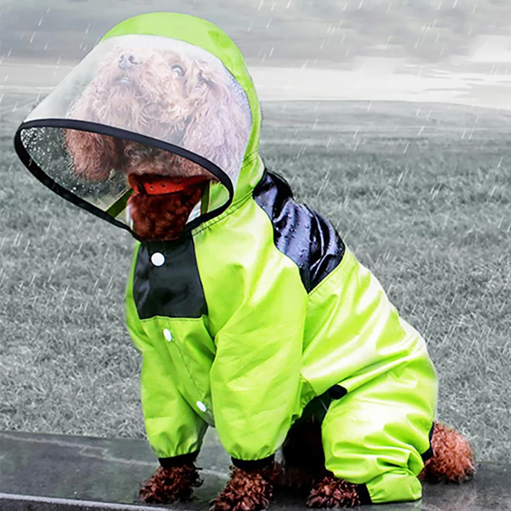 

Dog Raincoat with Hat Green Jumpsuit Waterproof Pet Jacket Four-legged Water Resistant Clothes for Small Big Dogs XS-4XL Size