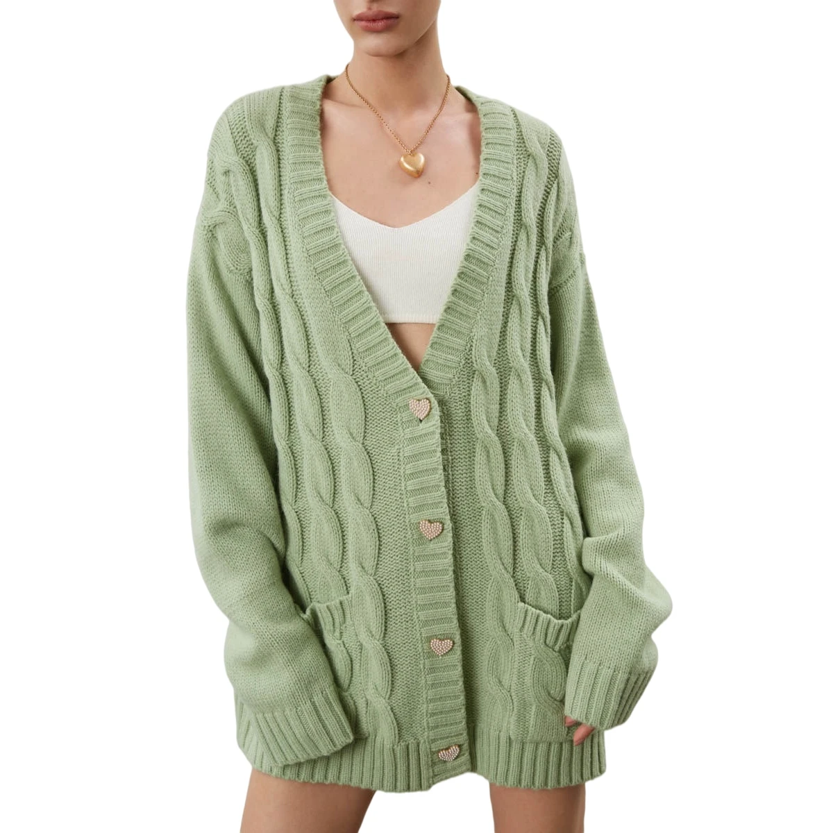 

Женский вязаный кардиган оверсайз с карманами и V-образным вырезом