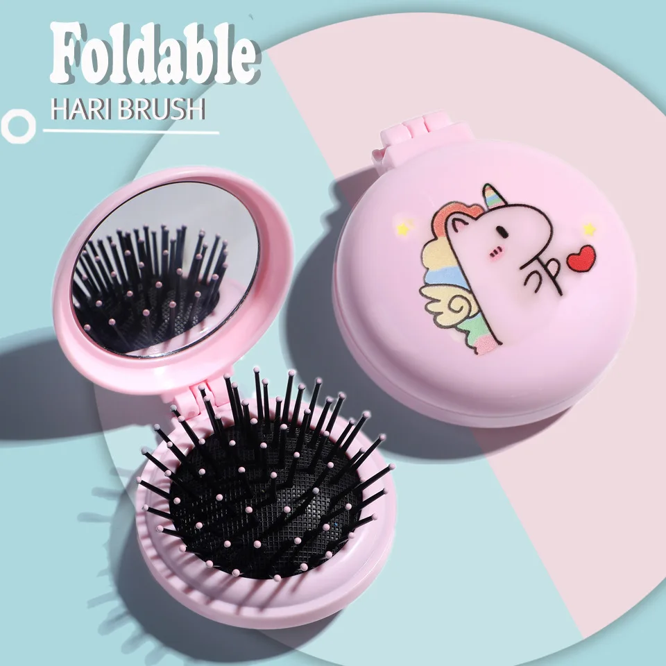 

Pink Folding Comb Mirror Massage Unicorn Hair Bursh Small Air Cushion Mirror Comb Hairdressing Comb Portable Travel Air Bag Comb