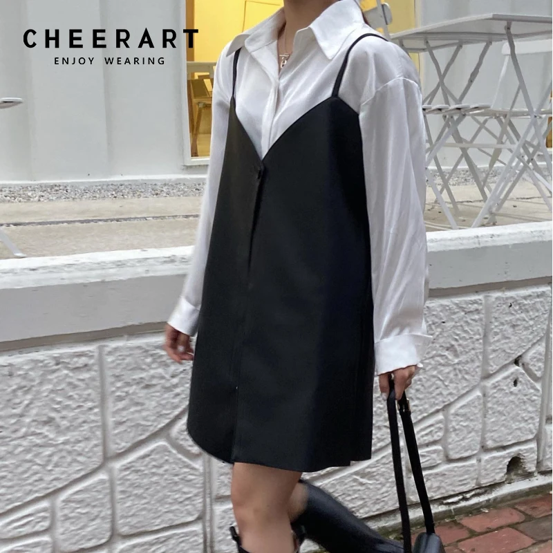 

Осень 2021, черное платье-комбинация CHEERART из искусственной кожи на одной пуговице, с V-образным вырезом, на тонких бретелях, мини-платье на брет...