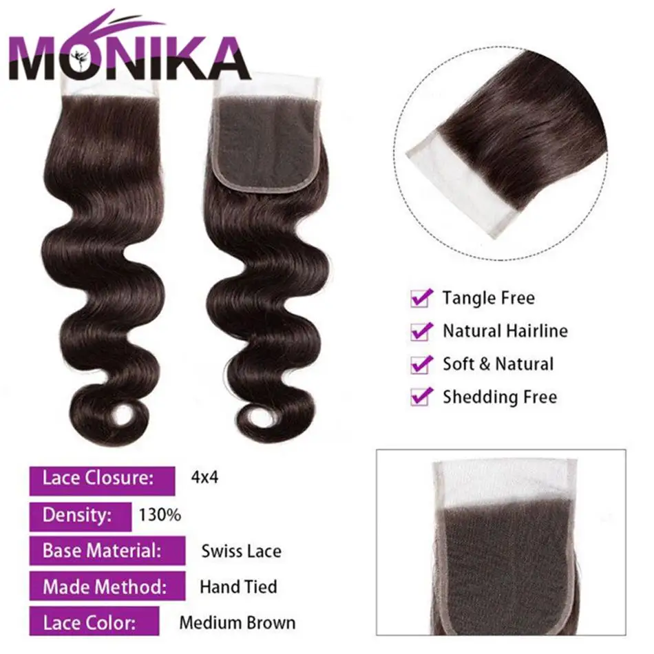 Monika закрытие волос 2#4# коричневые волосы бразильские объемные волнистые волосы 4x4 швейцарское кружево Закрытие не Remy Закрытие человеческих волос
