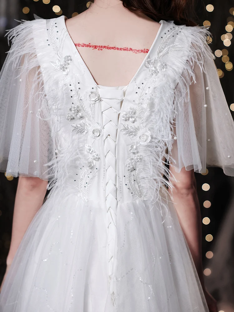 

White Evening Dresses For Women 2021 Elegant O-neck A-line Floor-length Flower Feather Birthday Party Gowns Long