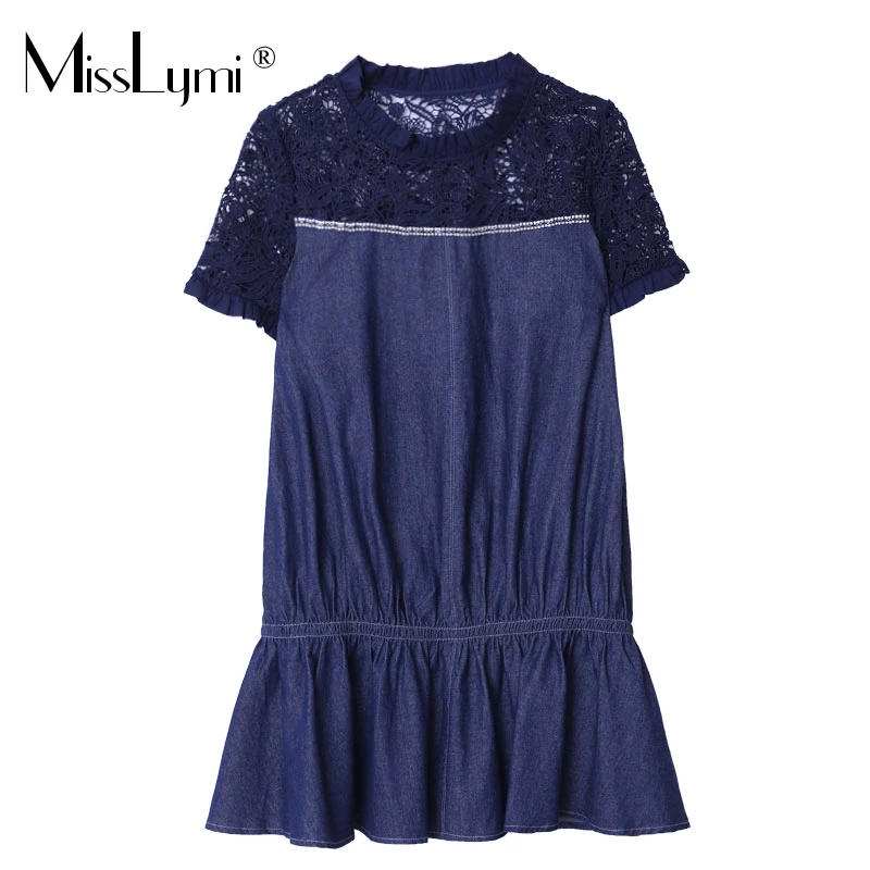 

MissLymi L-5XL Plus Size Women Lace Patchwork Jeans Dress Blue Summer 2021 Fashion Casual Loose Hollow Knee-Length Ruffle Dress