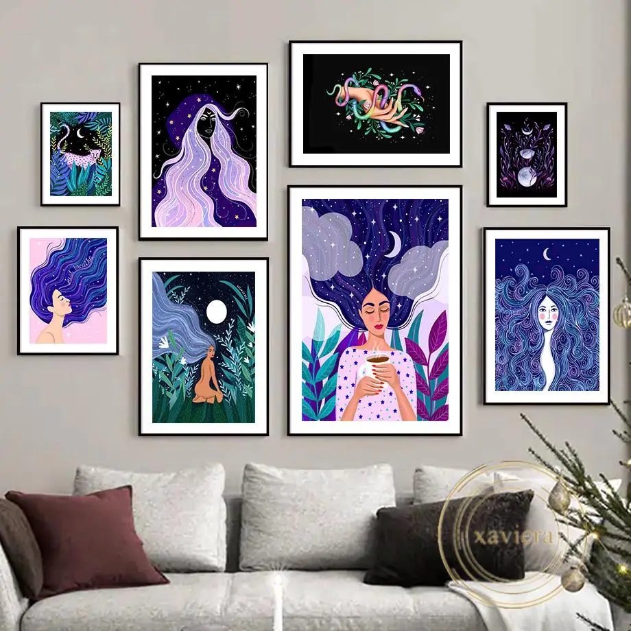 

Abstract Girl Purple Hair Canvas Painting Nordic Moon Leopard Snake Flower Wall Art Poster Modular Picture for Living Room Decor