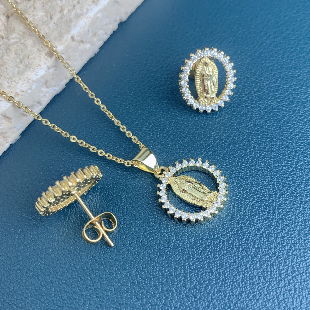 

Holy Religion Jewelry Sets For Women Fashion Shiny Rhinestone CZ Crystal Charm Our Lady of Guadalupe Virgin Necklace Earing