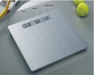 Three-in-one brushed steel body electronic health scale time+temperature+weight