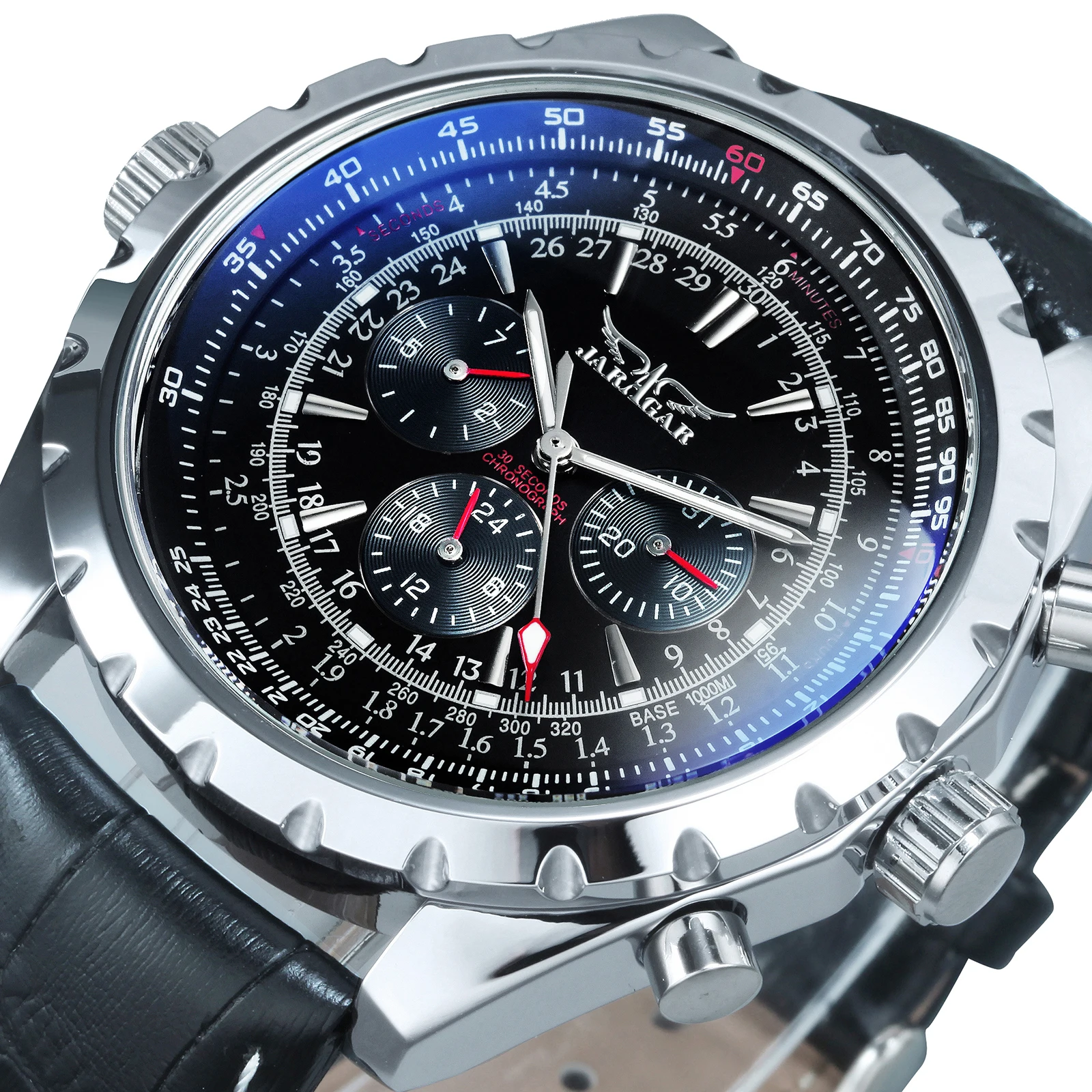 

Top Brand Luxury Jaragar Men Mechanical Automatic Wristwatches Pilot Watch Leather Strap Sport Watches 3 Sub-dials Hombre