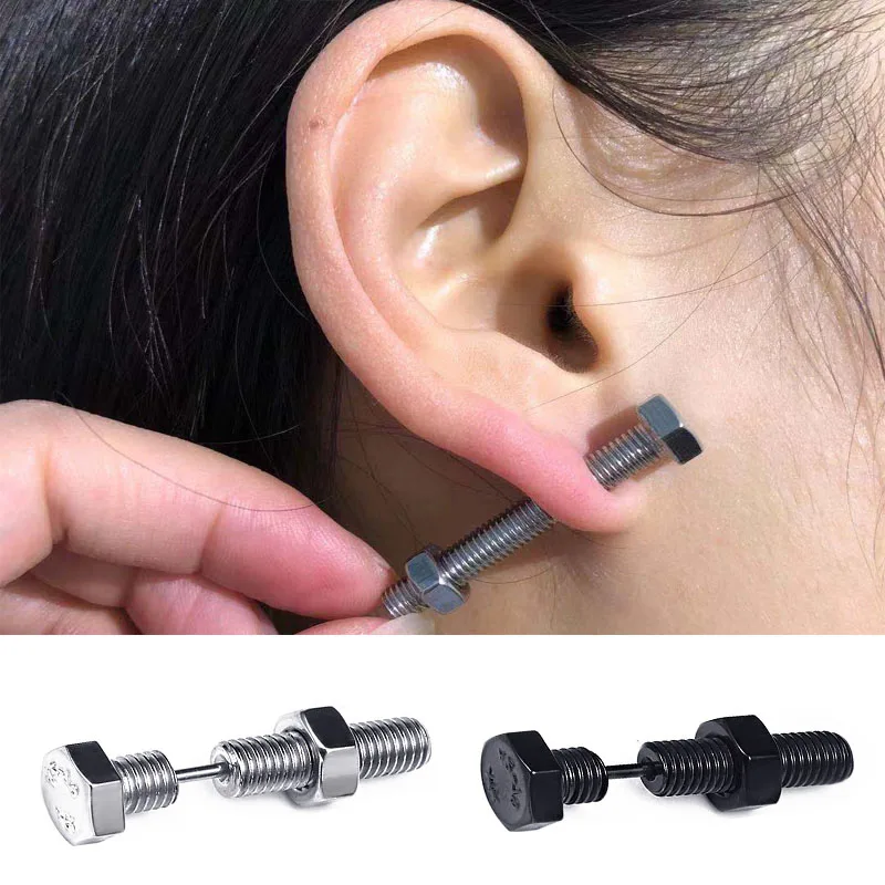 

Punk Fashion Black Silver Color Stainless steel Nail Screw Piercing Stud Earring for Women & Men Ear Piercings Fashion Jewelry