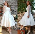 Платье Свадебное ТРАПЕЦИЕВИДНОЕ с V-образным вырезом, тюль с длинными рукавами и кружевной аппликацией, короткое платье до колена, для сада и размера плюс, 2021