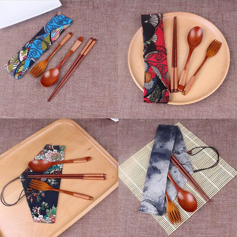 

3Pcs Japanese Dinnerware Set Wooden Spoon Chopsticks Fork Set Picnic Cutlery