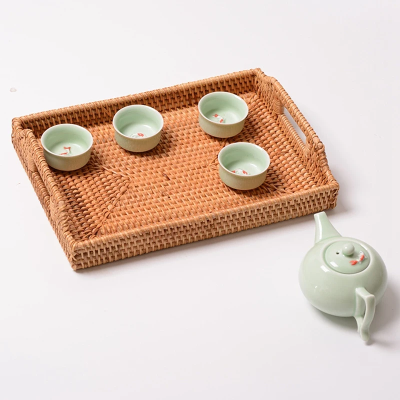 Rattan Woven Storage Fruit Basket Candy Snack Plate Cutlery Tray with Breakfast Bed Bar Dinner Rectangular | Дом и сад