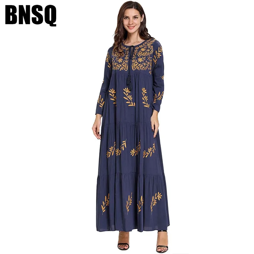 Женское синее Макси Платье Весна 2019 с длинным рукавом Свободные Свинг цветы