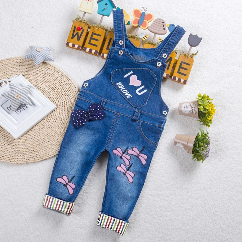 DIIMUU Toddler Baby Girls Jeans Trousers Clothing Overalls Long Pants Casual Printed Clothes Elastic Waist Kids Children