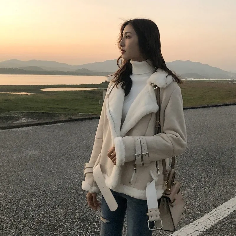 Зимняя Толстая замшевая Женская куртка на молнии мотоциклетное замшевое кожаное