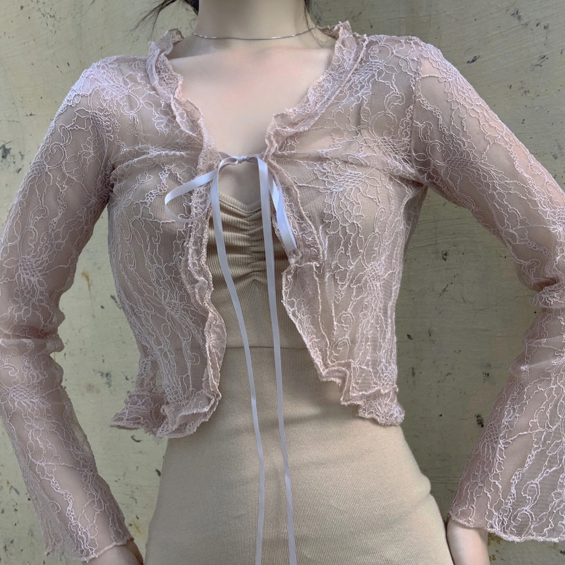 

MyErato Fairy Grunge Floral Lace Cardigans Flare Long Sleeve Y2K Solid Color Crop Top Autumn Lace Side Straps Slim T-Shirts