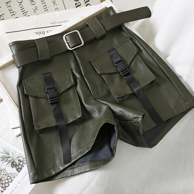 Женские осенне зимние кожаные шорты повседневные однотонные с 2019 карманами