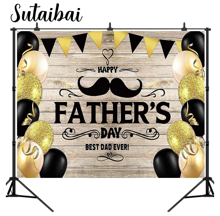 

Happy Father's Day Wood Backdrop Gold and Black Balloon Wooden Photography Background Good Best Dad Celebrate Party Banner