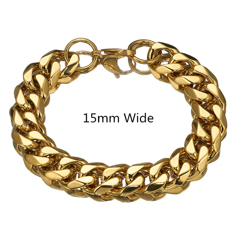 

Granny Chic Gold 316L Stainless Steel Curb Cuban Link Chain Men's Bracelet Bangle Hip Hop Jewelry Christmas Gift 15mm 7-11inch