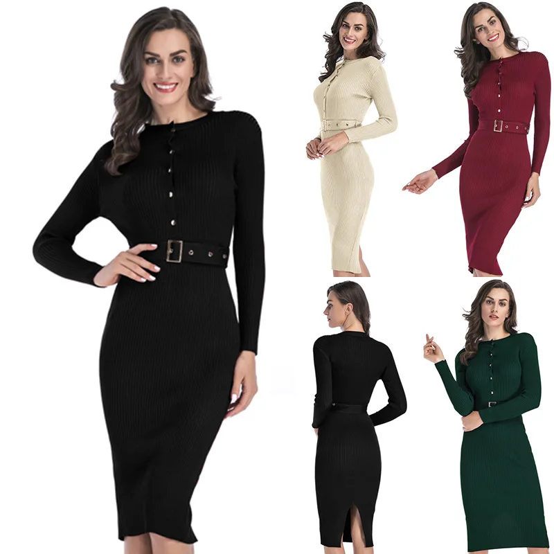 

2021Autumn and Winter New Women's Dress Button Belt Bag Hip Skirt Casual Fashion Streetwear Dresses for Women Woman Dress