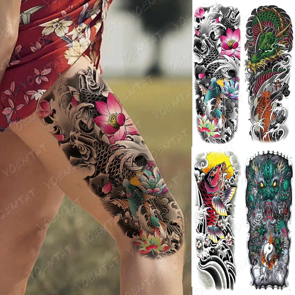 

Waterproof Temporary Full Arm Tattoo Sticker Brocade Japanese Carp Lotus Dragon Flash Tatto Women Body Art Fake Sleeve Tatoo Man