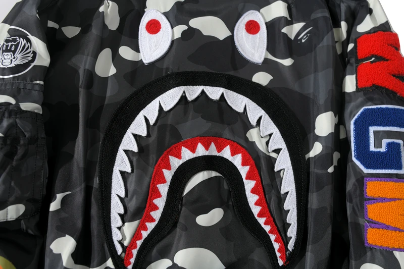 

BAPE Shark Head Camouflage Baseball THIN Jacket Star or Spotzipper Windbreaker Sticking Cloth Loose Coat Outer Wear Overcoat