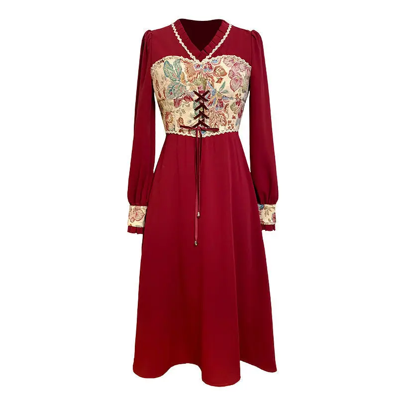 

Dress Casual Print French Retro Korean Dress Women 2021 New Patchwork Party Dress Women Spring Elegant Designer Lace Midi