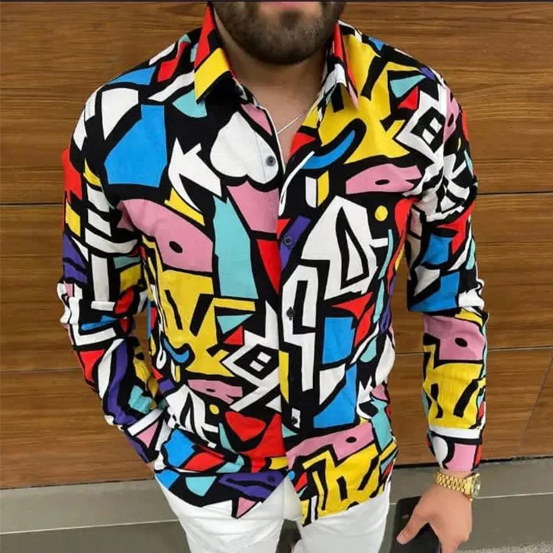 

Fashion Turn-Down Long Sleeve Human Print Button Tops 2021 New Style Slim Men Shirt Cardigan Male Autumn Casual Shirt Streetwear